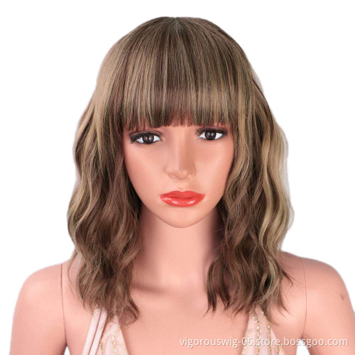 Soft Cheap Glueless Water Wave Synthetic Hair Natural Textured Highlight Mixed Brown Black Short Curly Bob Wig